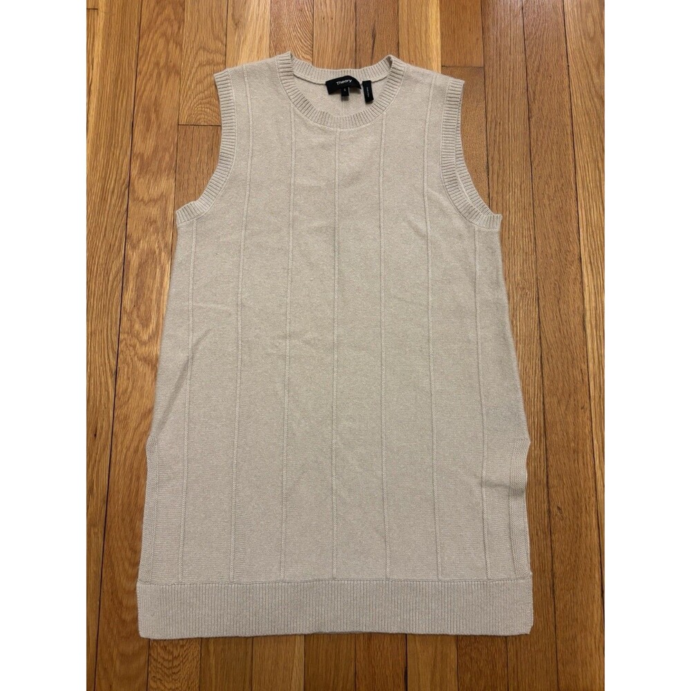 Theory Meenaly 100% Cashmere Sweater Vest Tunic Sleeveless Ribbed Beige Brown S